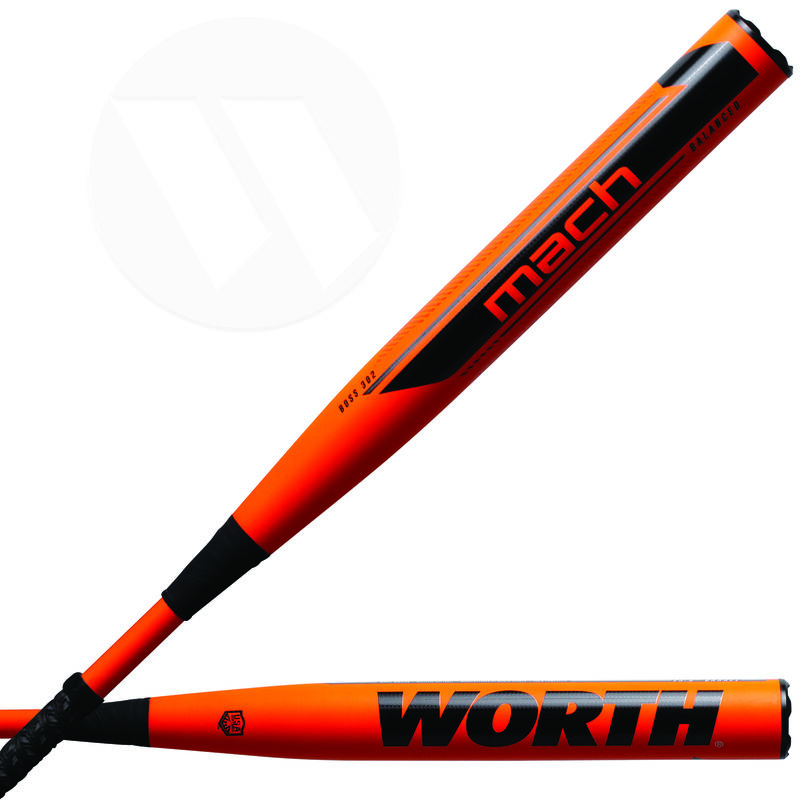 2 views of an orange 2021 Mach 1 Boss 302 USA balanced blem bat - SKU: WM21BAB loading=