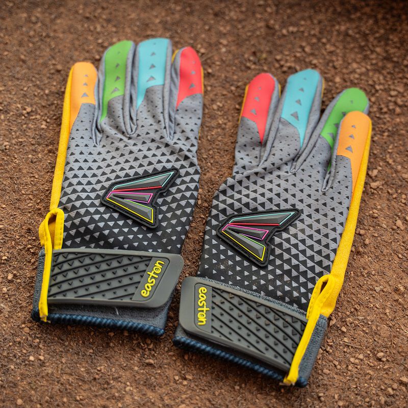 Picture of the back of a pair of black Easton x Happiness Project Ghost NX fastpitch batting gloves loading=