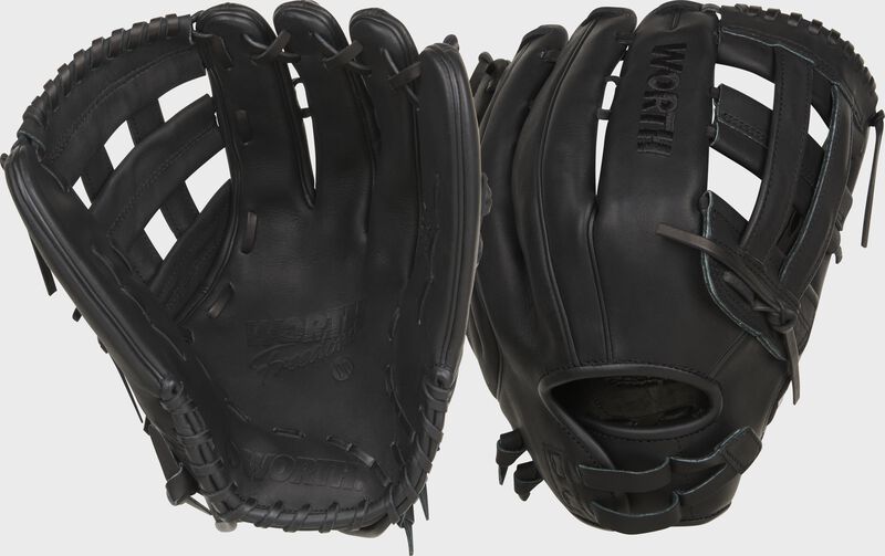 2 images showing the palm & back of a black Freedom Slowpitch softball glove