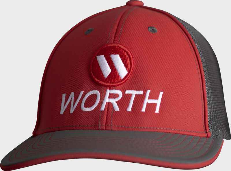 Front angle of a red Worth mesh back hat - SKU: WFFHAT-RS loading=