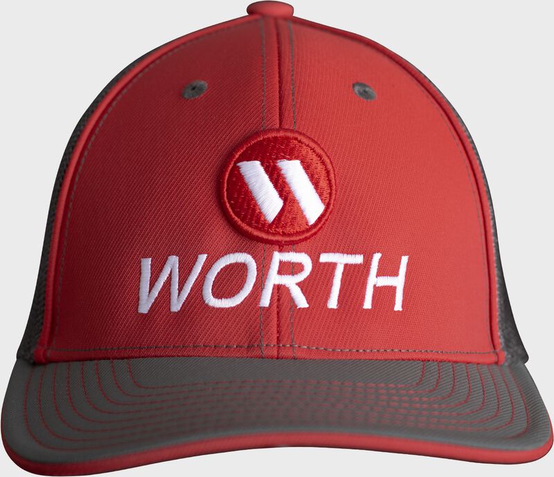 Front of a red Worth FlexFit mesh back hat with a red Worth logo - SKU: WFFHAT-RS loading=