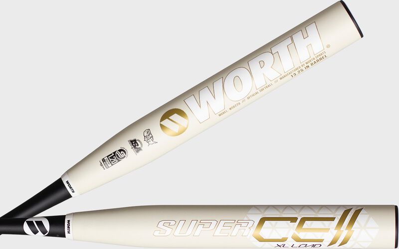 Two views of the white barrel of a 2022 SuperCell Gold XL USSSA bat - SKU: WSG22U loading=