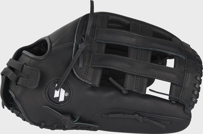 Thumb of a Freedom black slowpitch softball with a black H-web loading=
