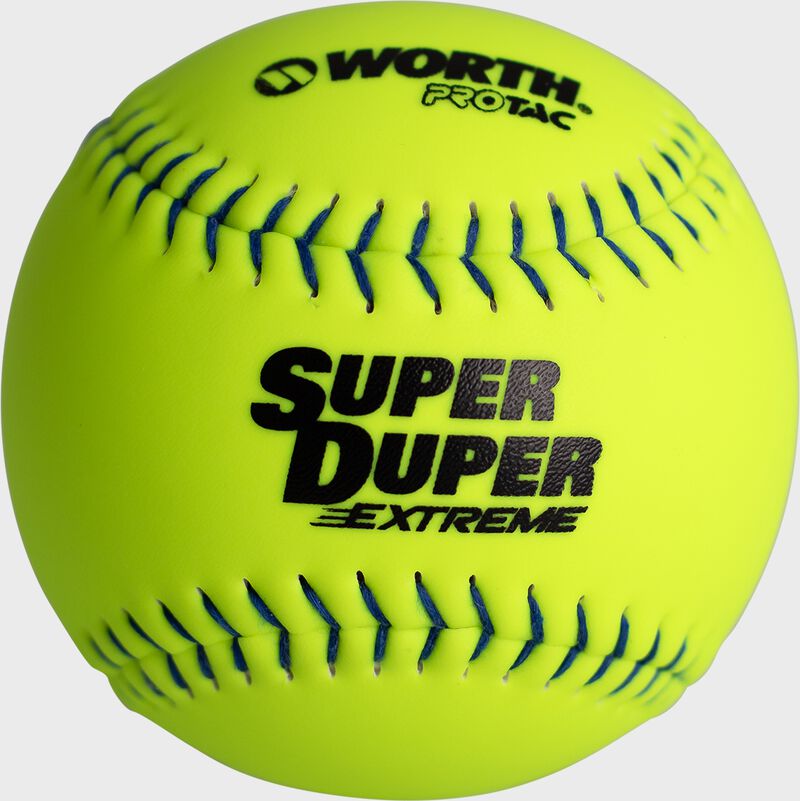 A Worth 12" Super Duper Extreme multi-layer softball with blue stitching - SKU: MLSDB12S loading=