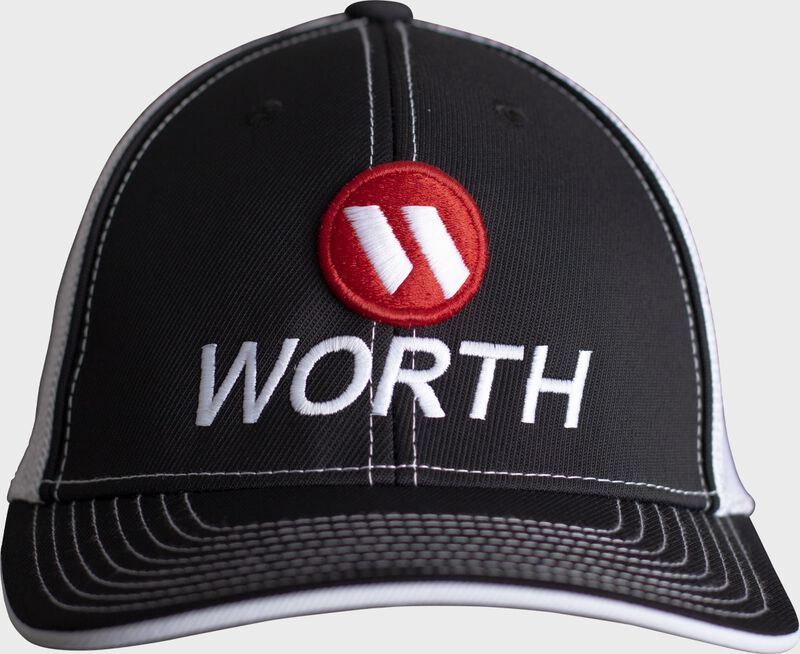 Front of a black/white Worth FlexFit mesh back hat with a red Worth logo - SKU: WFFHAT-BW loading=