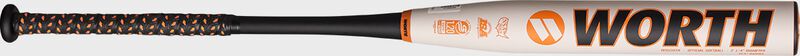 Black Worth logo on the white/orange barrel of a 2023 Shannon Smith KReCHeR USSSA bat - SKU: WSU3SSX