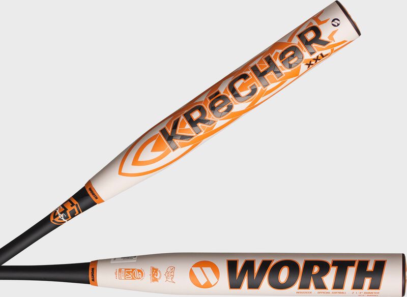 2 views of both sides of the barrel of a white 2023 Shannon Smith KReCHeR XL USSSA bat - SKU: WSU3SSX loading=