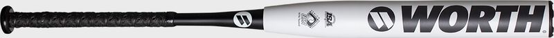 Worth logo on the white barrel of a Mach 1 Hitman senior softball bat - SKU: WMH22S