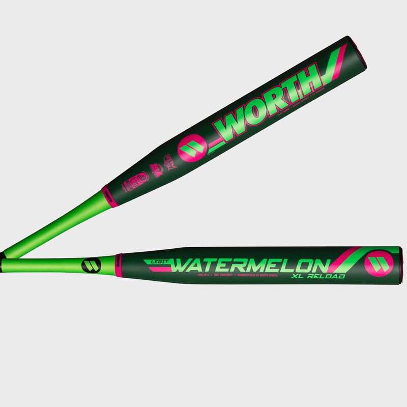 2 views of a dark green Worth 2021 Watermelon XL Reload 12.75 in barrel USSSA bat - SKUU: WMLX21U loading=