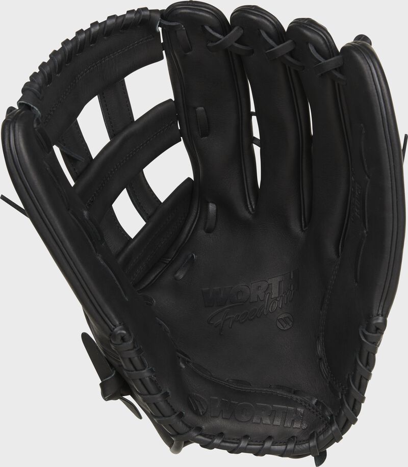 Black palm of a Worth Freedom slowpitch fielding glove loading=
