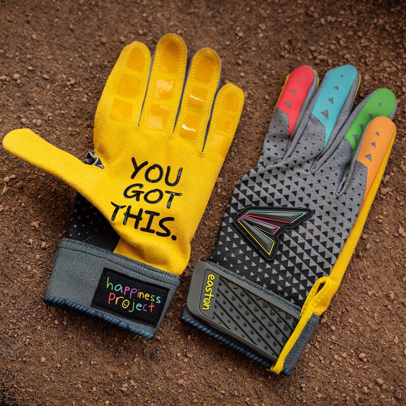 Picture of a pair of black Easton x Happiness Project Ghost NX fastpitch batting gloves showing the palm on one and back of the other