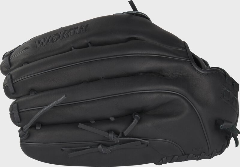 Back of a Freedom black slowpitch softball fielding glove loading=