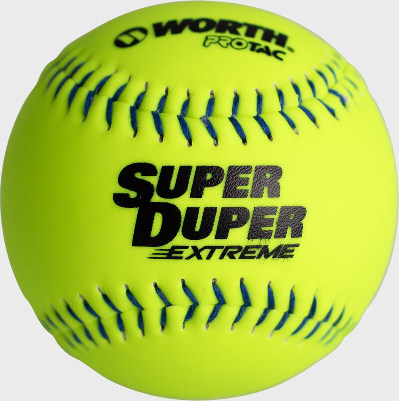 A Worth 11" Super Duper Extreme multi-layer softball with blue stitching - SKU: MLSDB11S loading=