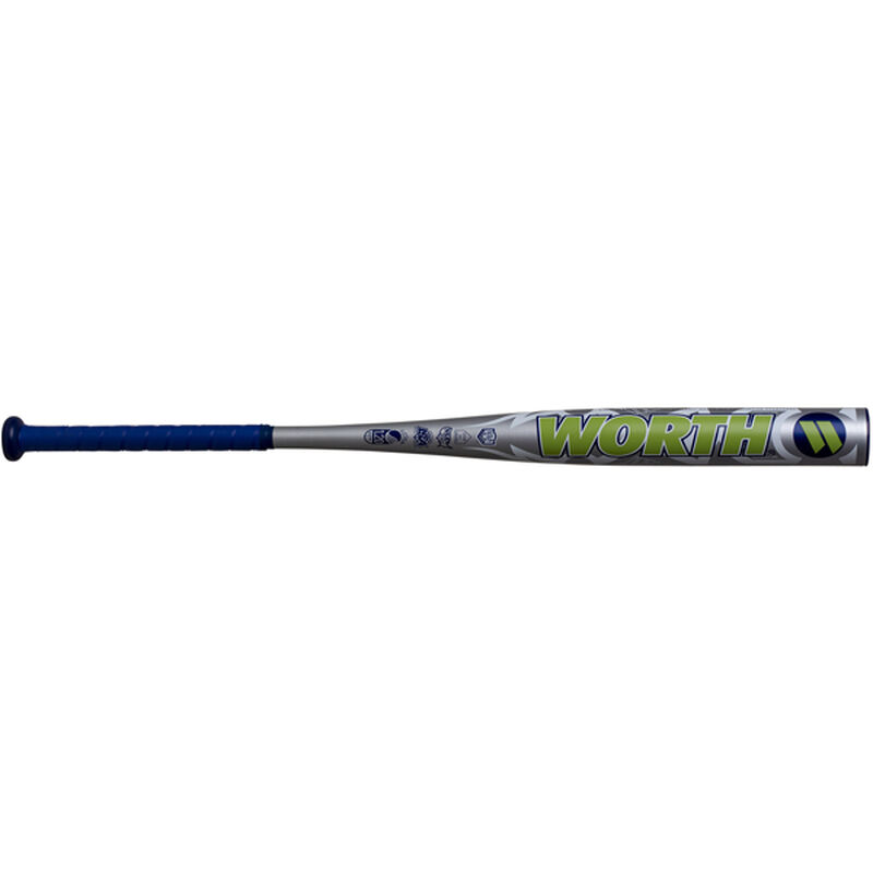 A silver 2020 Worth Mayhem all association bat with a green Worth logo - SKU: WM20AA