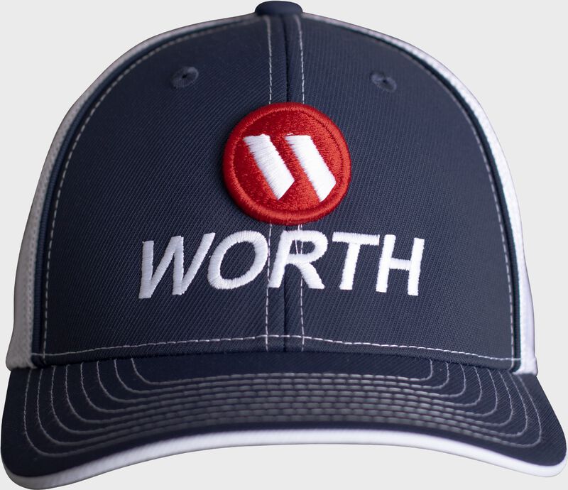 Front of a navy/white Worth FlexFit mesh back hat with a red Worth logo - SKU: WFFHAT-NW loading=