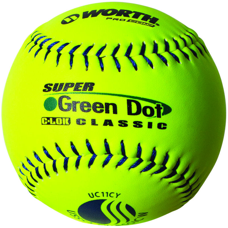 A Worth USSSA 11 in Green Dot UC11CY softball with blue stitching - SKU: W00622754 image number null