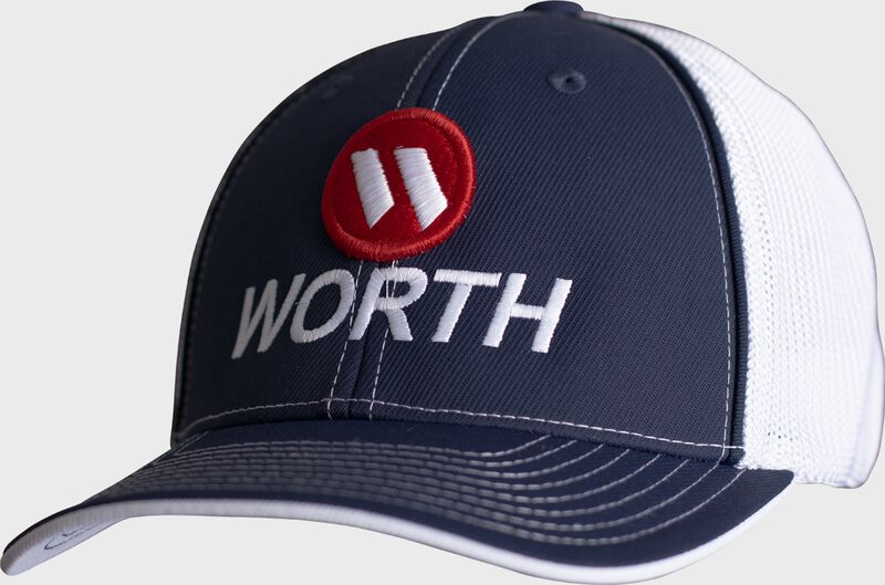 Front angle of a navy/white Worth mesh back hat - SKU: WFFHAT-NW