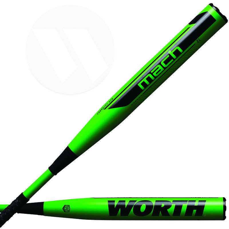 Two views of a green 2021 Mach 1 Cobra Jet 428 USA XL bat with a black Mach logo on one and Worth logo on the other - SKU: WM21MA image number null