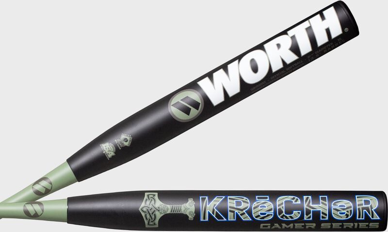 2 views showing both sides of the barrel of a 2022 KReCHeR gamer series XL SSUSA bat - SKU: WKRGMS loading=