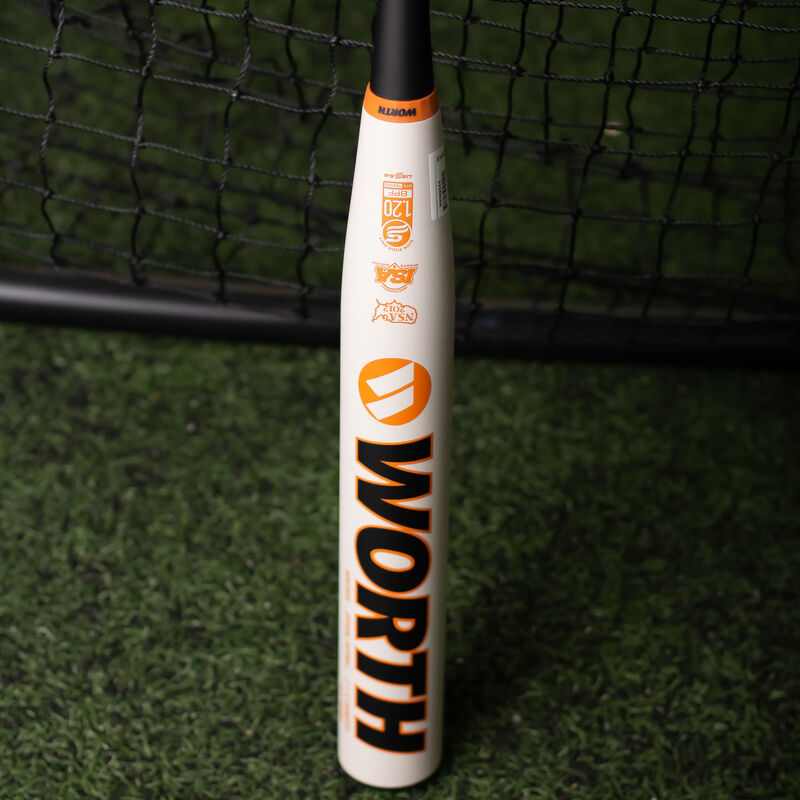 A white/orange Worth Shannon Smith KReCHeR USSSA bat in a batting cage - SKU: WSU3SSX loading=