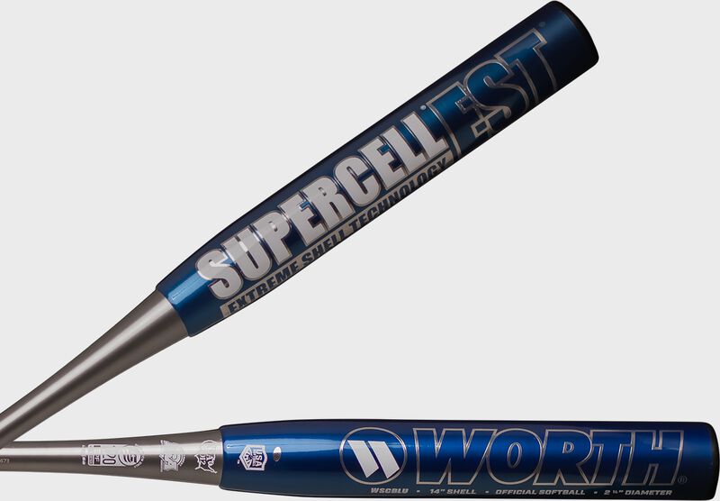 2 views of both sides of the barrel of a 2023 Supercell EST 14" all association slowpitch bat - SKU: WSCBLU loading=