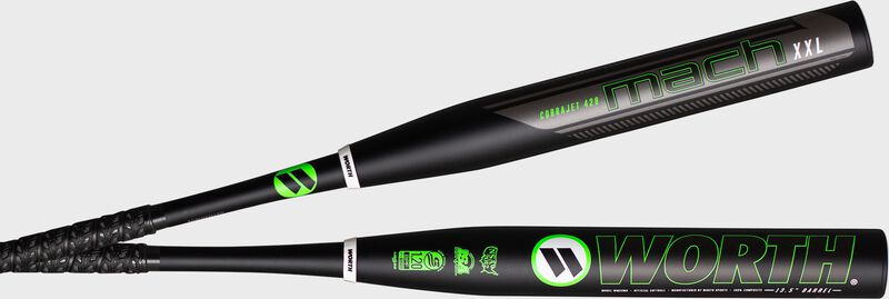 2 views of a black 2022 Mach 1 Cobra Jet 428 USSSA XXL bat - SKU: WM22MU loading=