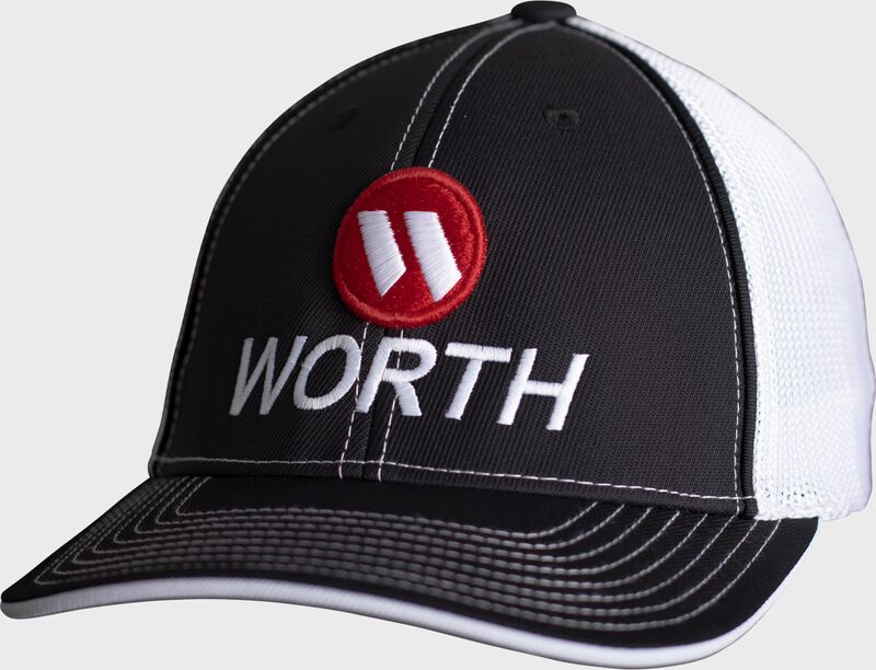 Front angle of a black/white Worth mesh back hat - SKU: WFFHAT-BW loading=
