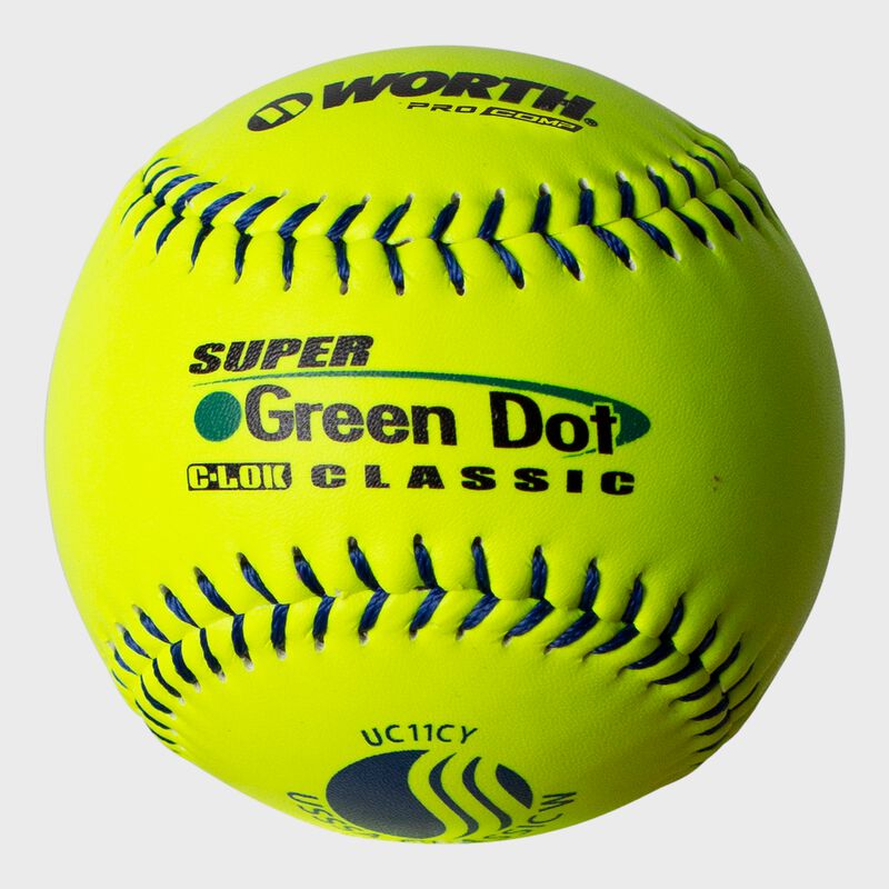 A Worth USSSA 11 in Green Dot UC11CY softball with blue stitching - SKU: W00622754