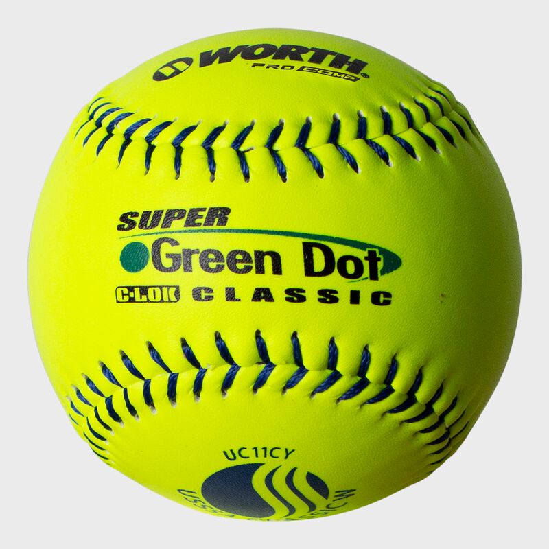 A Worth USSSA 11 in Green Dot UC11CY softball with blue stitching - SKU: W00622754 image number null