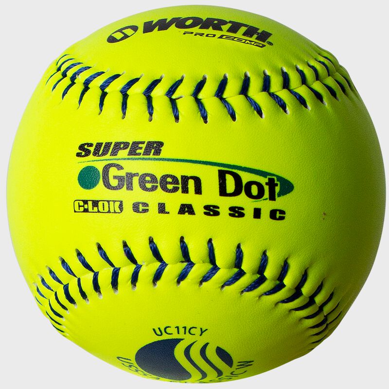 A Worth USSSA 11 in Green Dot UC11CY softball with blue stitching - SKU: W00622754