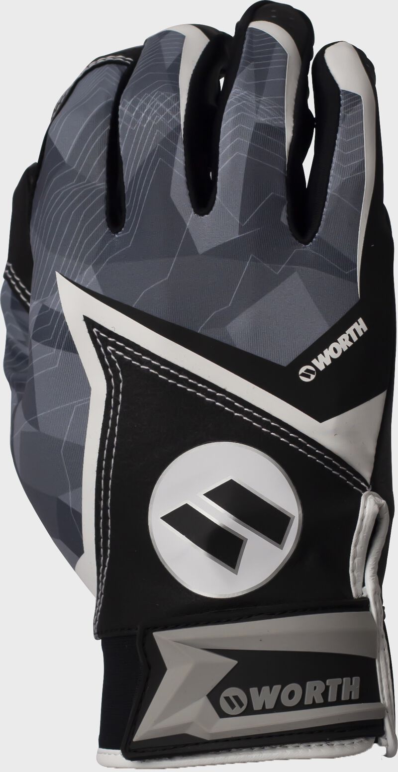 Back of a black 2020 Worth adult batting glove with the logo on the back of the palm - SKU: WBGL20 loading=