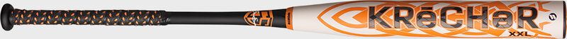 Black/orange KReCHeR logo on the white barrel of a Worth 2023 KReCHeR Shannon Smith bat - SKU: WSU3SSX