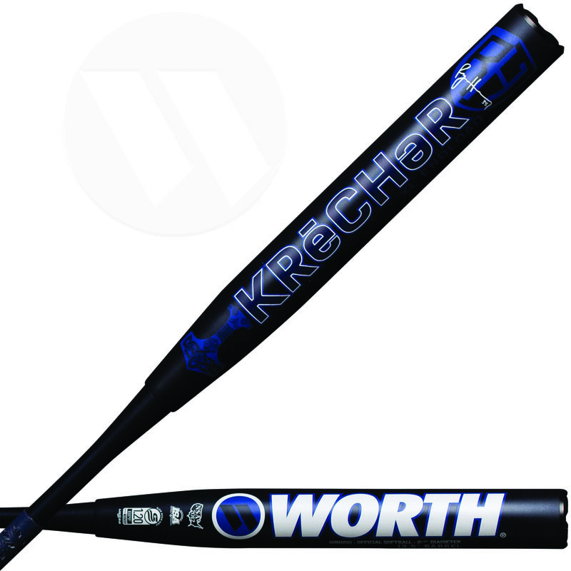 Two bats showing both sides of the barrel of a 2021 Ryan Harvey KReCHeR XL USSSA blem bat - SKU: WRH21UB loading=