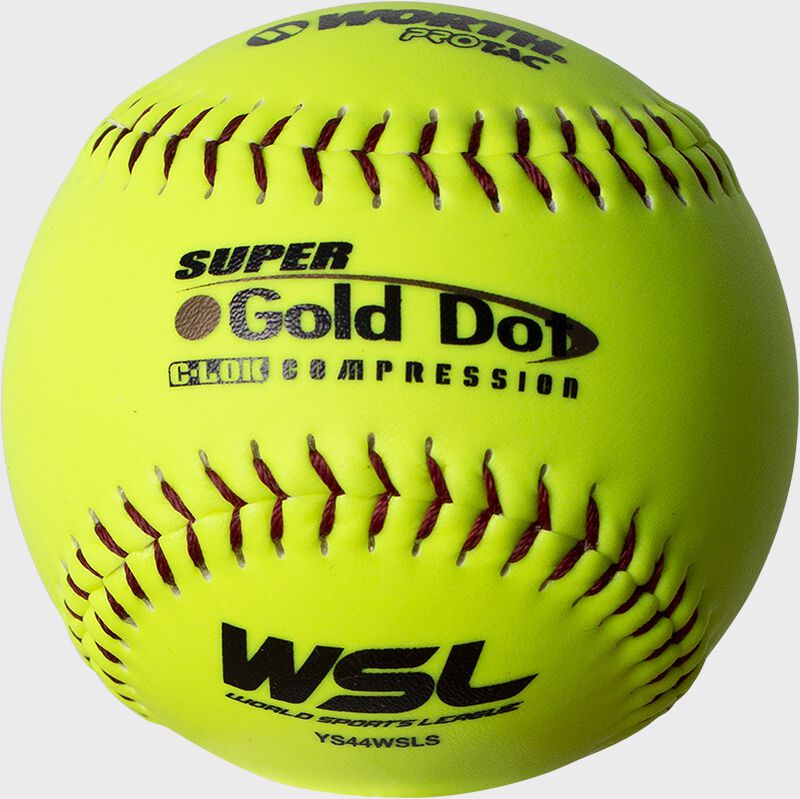 A Worth WSL 12 in Gold Dot softball with red stitching - SKU: W00517272 loading=