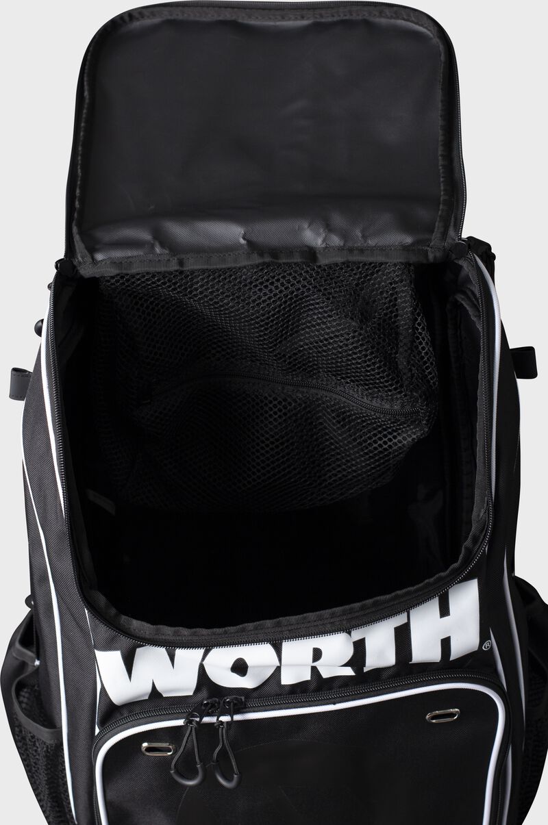 A black Worth backpack with the top compartment open - SKU: WORBAG-BP-BLK