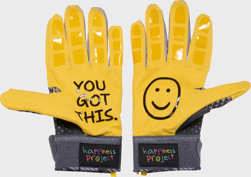 Yellow palms of a pair of black Easton x Happiness Project Ghost NX fastpitch batting gloves
