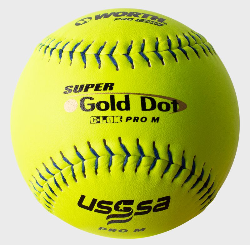 A yellow USSSA 12 in Pro M softball with blue seams - SKU: UM12CY