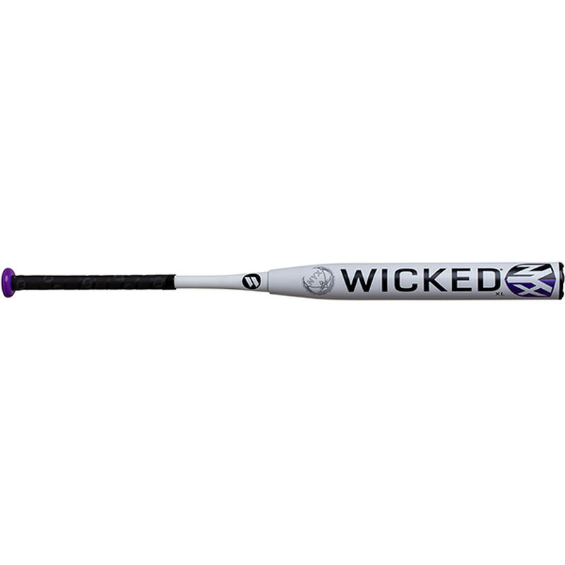 A WNX20U Wicked NYX XL Women's USSSA bat with purple decals on a white barrel