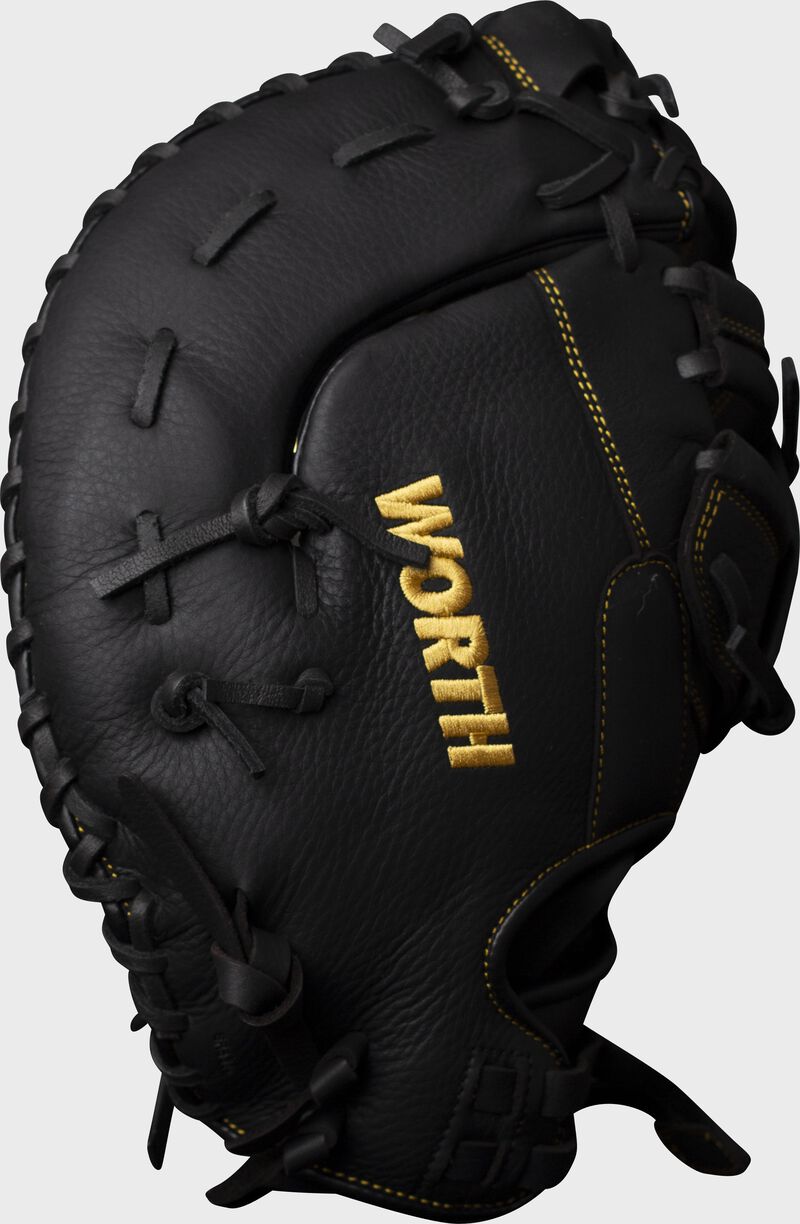 Back of a black Worth softball first base mitt - SKU: WPL130-FB loading=