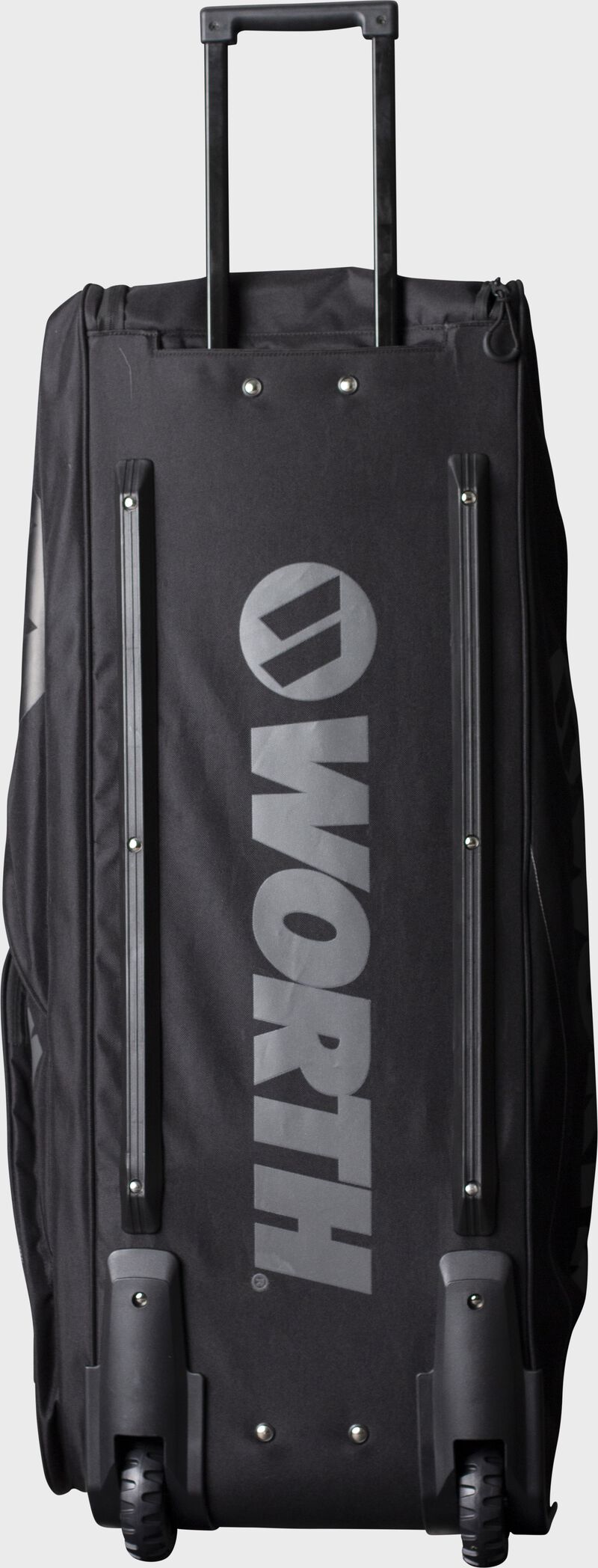 Bottom of a black wheeled softball bag with a Worth logo in the middle - SKU: WORBAG-WB-BLK