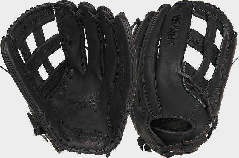 2 images showing the palm & back of a black Freedom Slowpitch softball glove loading=