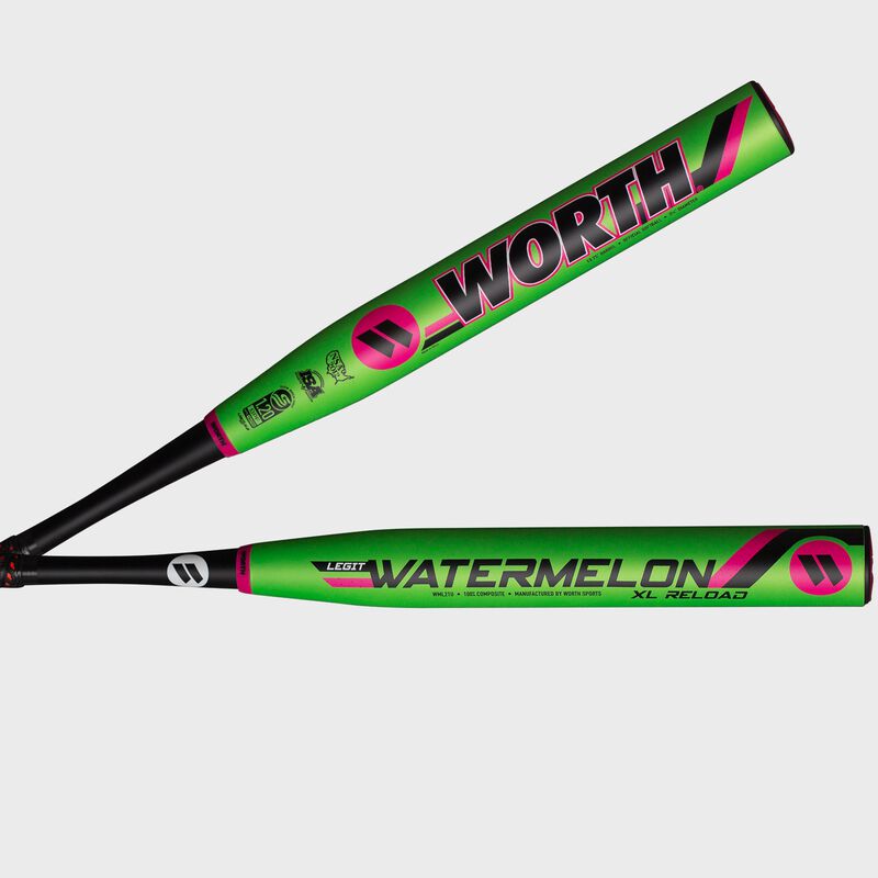 2 views of a lime green 2021 Watermelon XL Reload 13.75 in barrel USSSA bat - SKU: WML21U loading=