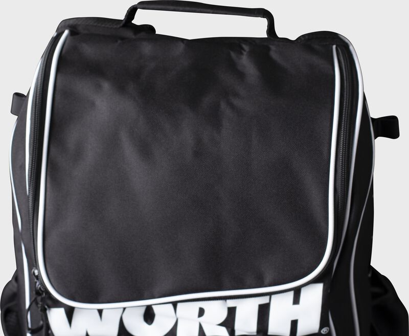 Top of a black Worth softball backpack - SKU: WORBAG-BP-BLK