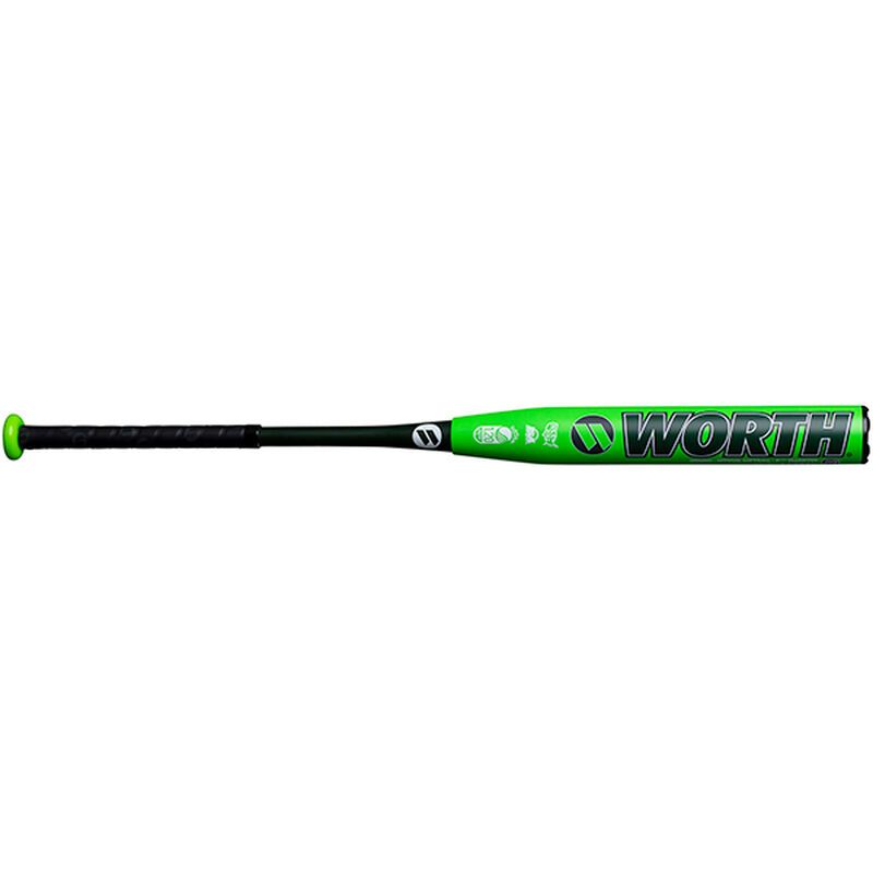 A black Worth logo on a neon green barrel of a Shannon Smith Signature Series slow pitch bat WSS20U