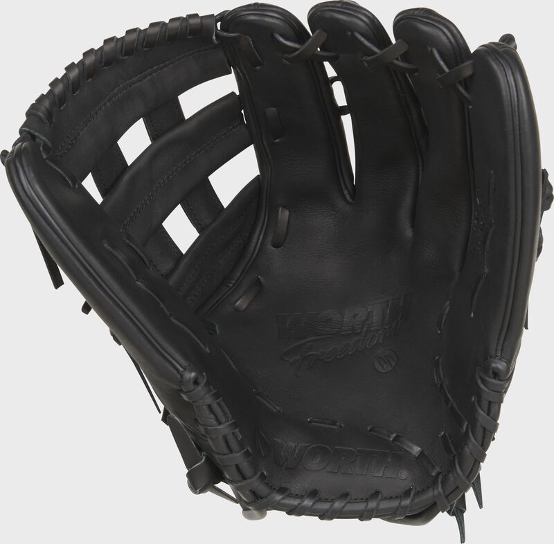 Black palm of a Worth Freedom slowpitch fielding glove loading=