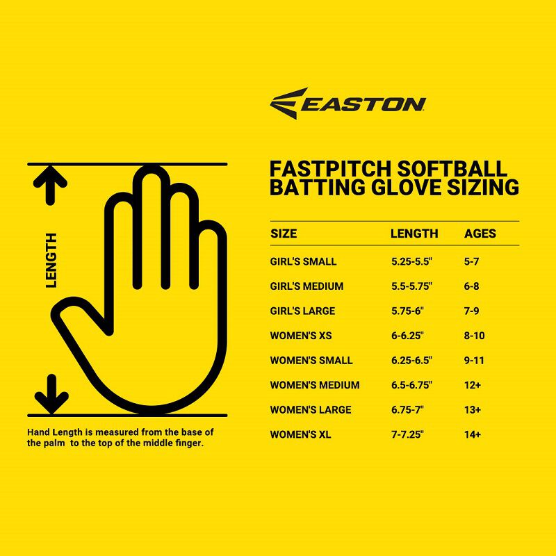 An Easton fastpitch gloves sizing chart graphic showing a hand with measurements and recommended sizes