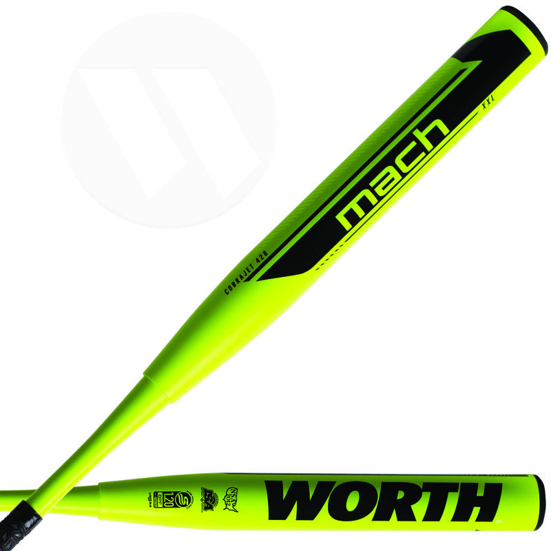 Two views of a 2021 Mach 1 Cobra Jet 428 XXL bat with a black Mach logo on one and Worth logo on the other - SKU: WM21MU image number null